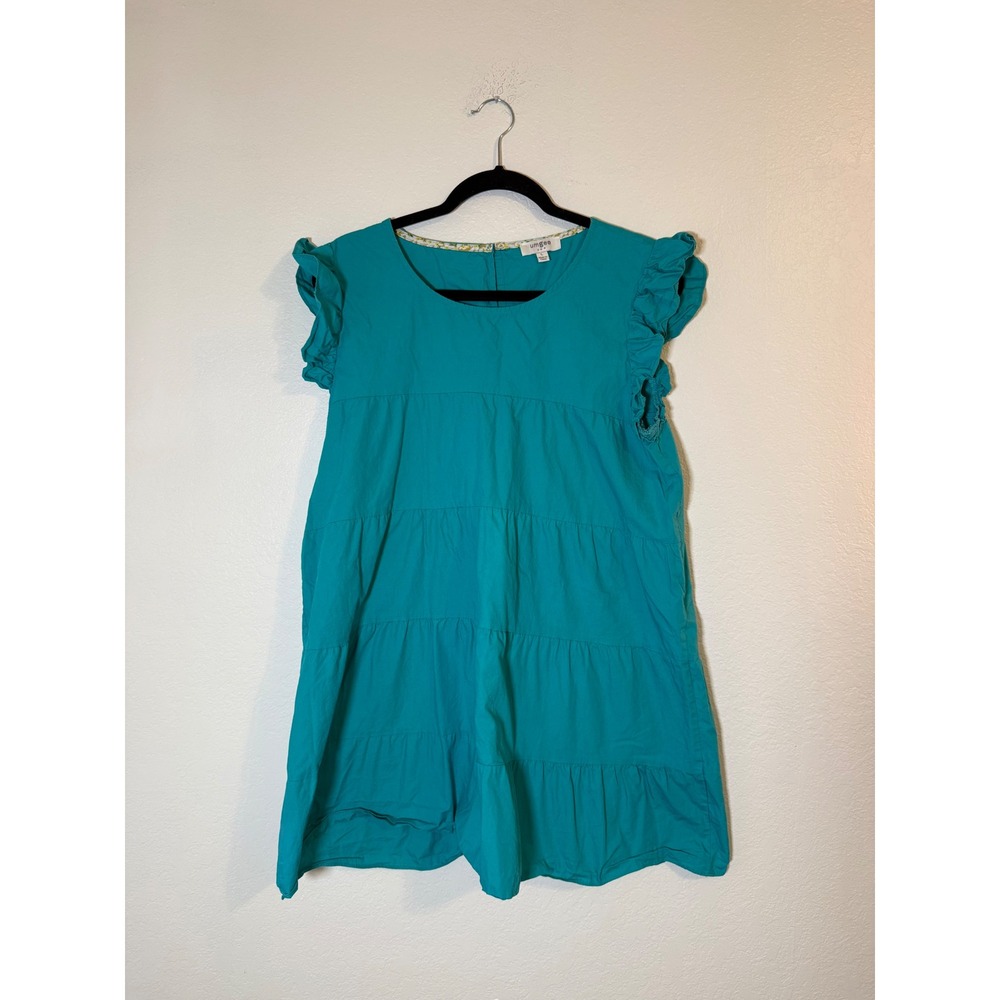 Umgee Women's Teal Blue Cotton Tiered Babydoll Ruffle Sleeve Dress Large